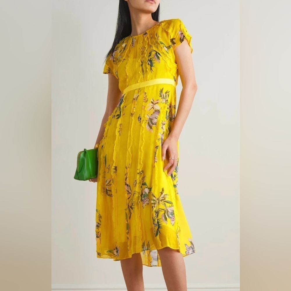 NEW Jason Wu Collection Crinkle Chiffon Floral Midi Dress Size 6 Dark Sunflower